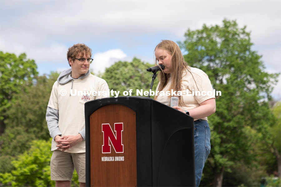 ASUN Student Government President and Student Regent Elizabeth Herbin, and Paul Pechous deliver the Big Event welcome speech and further instructions., May 4, 2024. Photo by Kirk Rangel for University Communication.